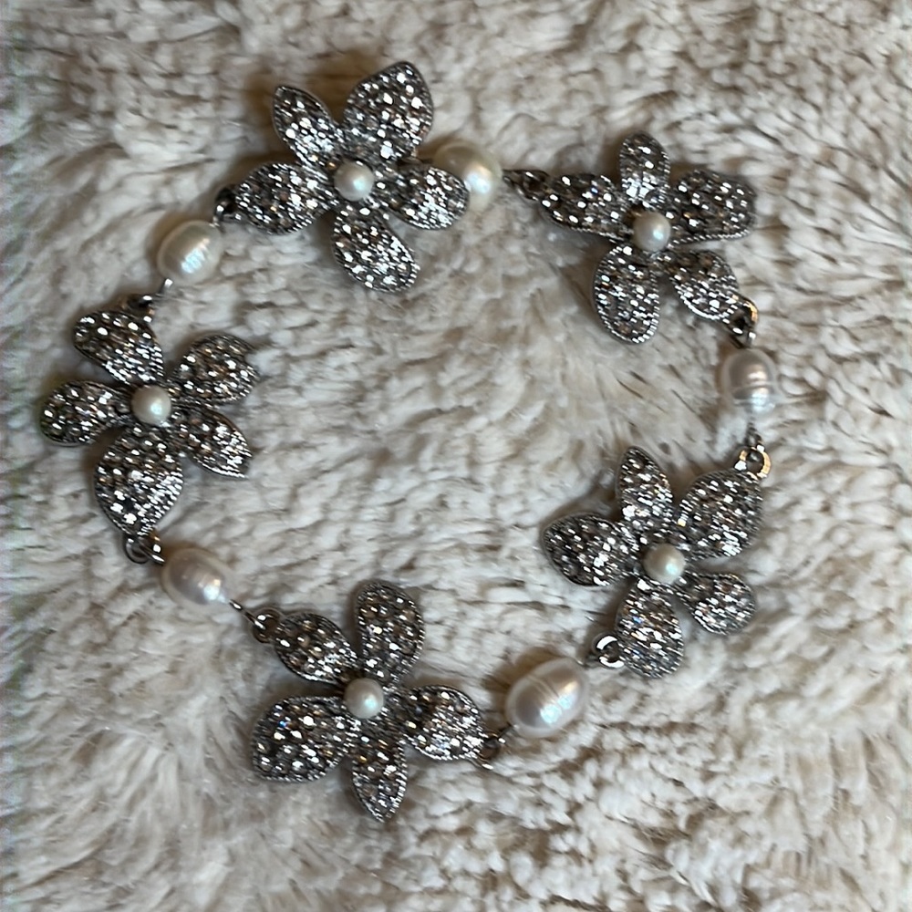Gorgeous Lotus Blossom and Baroque Pearl and White Crystal Bracelet and Locket